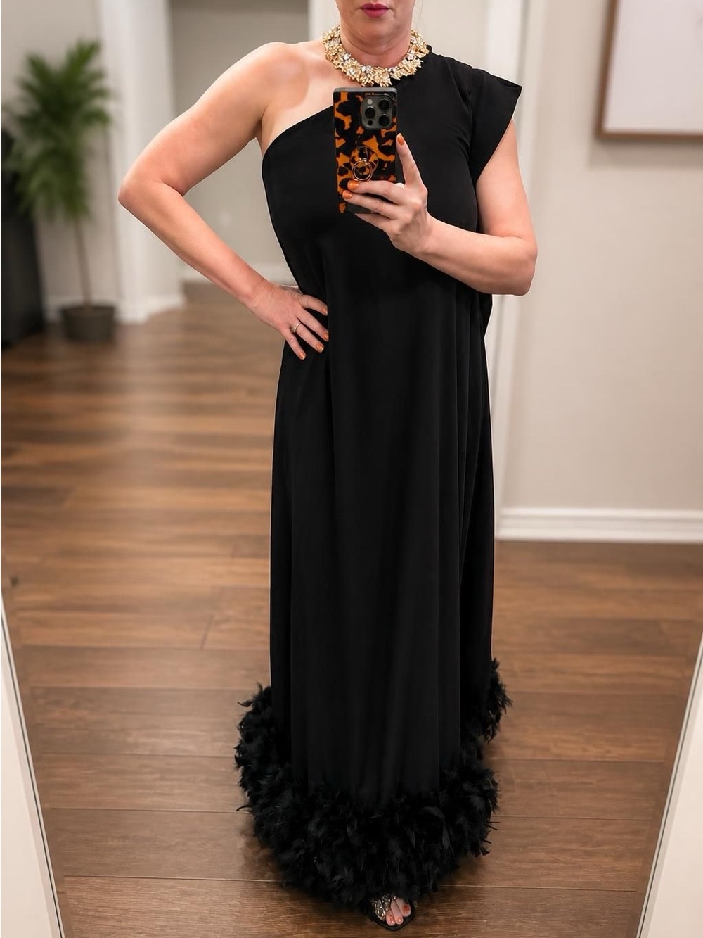 One-Shoulder Black Feather-Hem Evening Gown